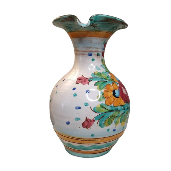 Vintage Hand Painted Pitcher Flowers Pottery Jug Floral Carved Mexico? Italy? - Picture 2 of 8